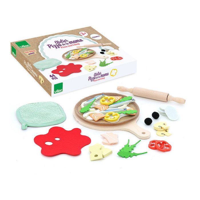 Dinette pour Atelier pizza della Mamma - VILAC - Marron - 40 ingrédients - Bois - 28 x 18 x 4 cm