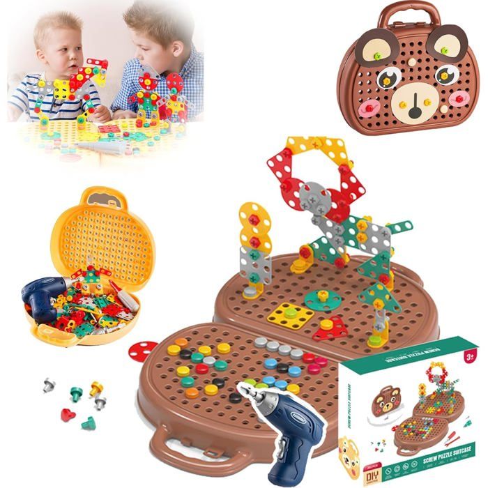 Boîte à outils Montessori jouet créatif avec forets adaptée aux enfants de 3 à 12 ans (avec boîte de rangement)