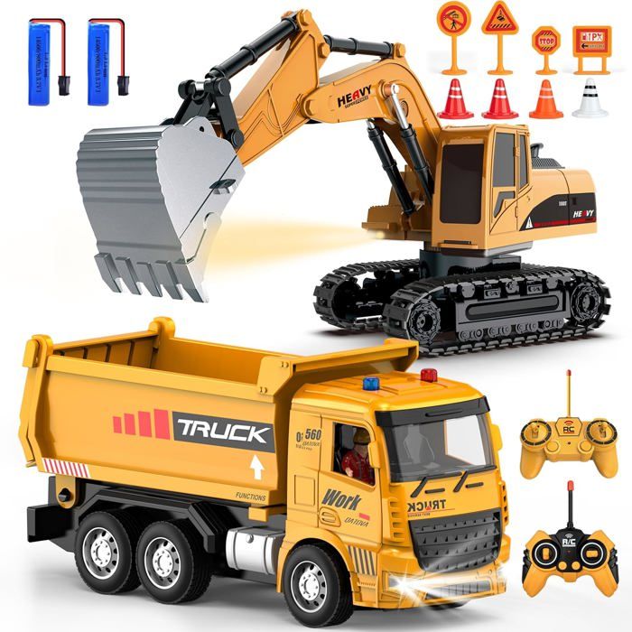 Ensemble de Jouets Pelleteuse et Camion Benne Télécommandés - Véhicules de Construction RC pour Enfants de 3 à 12 Ans