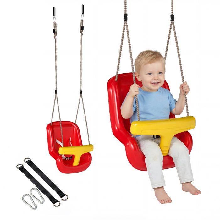 Balançoire pour enfants - AIYAPLAY - dossier haut et barre de sécurité - hauteur ajustable - intérieur et extérieur - rouge et jaune