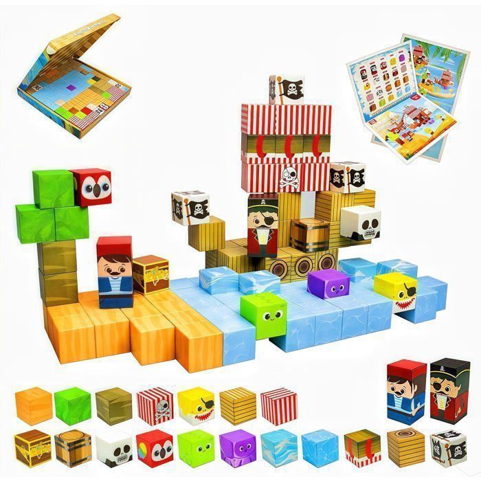 Magnetic building cubes 100 pièces  Jeu de construction de blocs magnétiques type minecraft pour enfants ( Bateau Pirate ) AZZIRIA