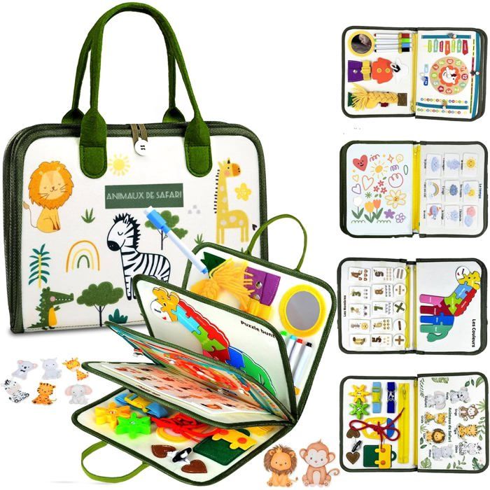 Jouet Montessori Busy Board - ZUUKO - Thème Jungle Safari - 8 en 1 - Amélioration des compétences en français