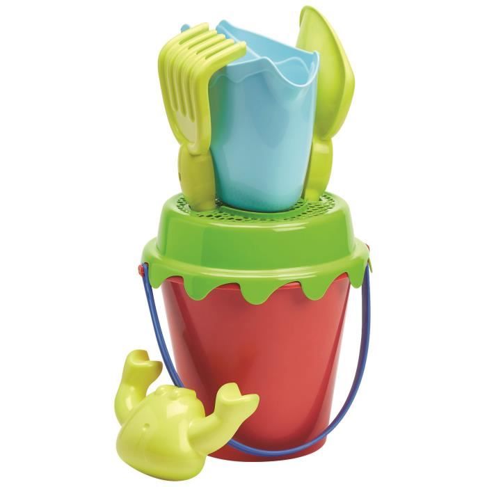 Jouet de plage - ECOIFFIER - Seau garni 15 cm - Tamis arrosoir pelle rateau et moule à sable - Multicolore