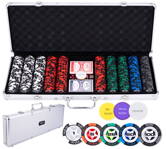 Coffret de poker - Malette métal argentée - 500 jetons 14g - 2 jeux de cartes - 5 dés - 3 boutons