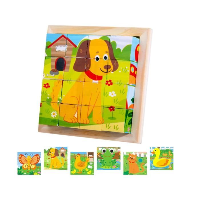 Puzzle 3D - Jouet Éducatif - Cube en Bois - 6 en 1 - Animaux - Pour Enfants à Partir de 2 Ans