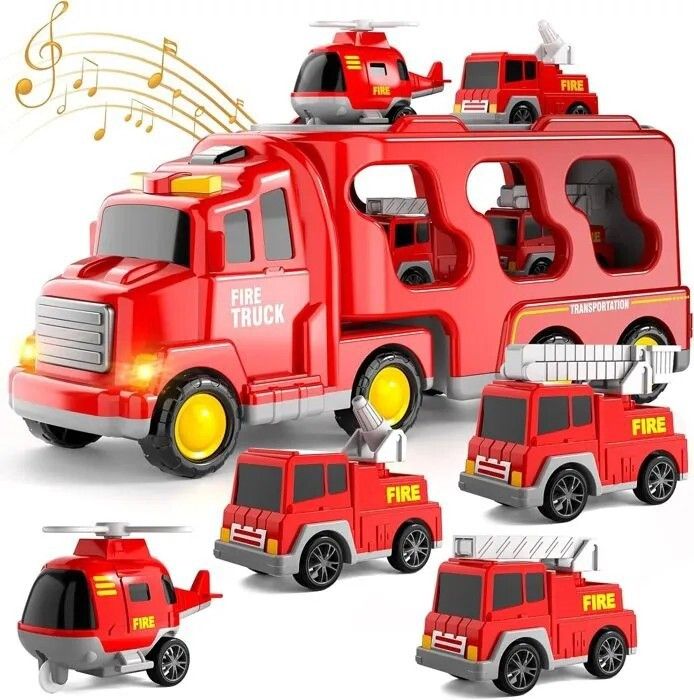 Jouet de Camion de Pompier Enfant FIVEFINE 7 en 1 Pompier de Transporteur et 6 Mini-Véhicules Avec Lumières et Musique