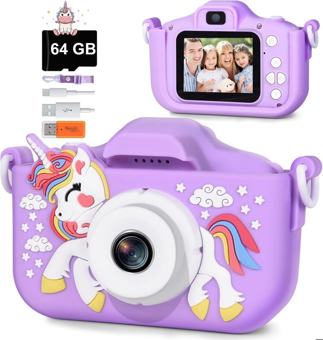 Jouet Appareil Photo Enfant FiveFine Licorne Appareil Photo Numérique 2.0 Pouces HD 1080P Caméra Selfie avec 64G SD Carte Violet