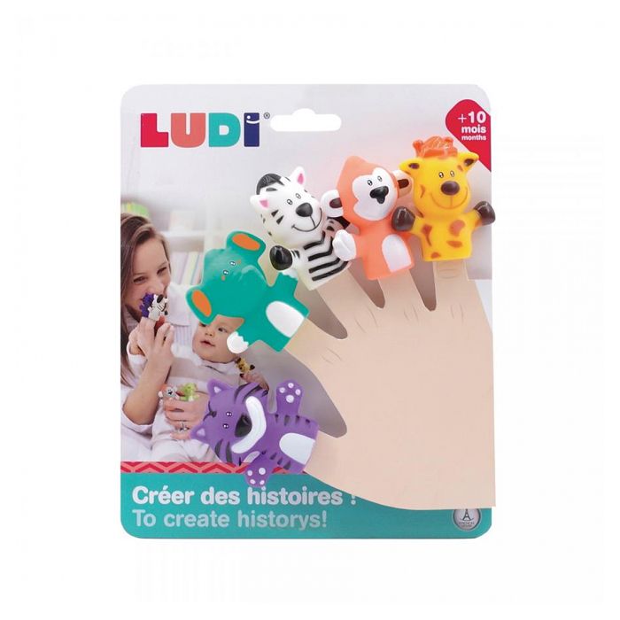 LUDI - Puppets à doigts Savane - 5 marionnettes en plastique souple pour animer les histoires