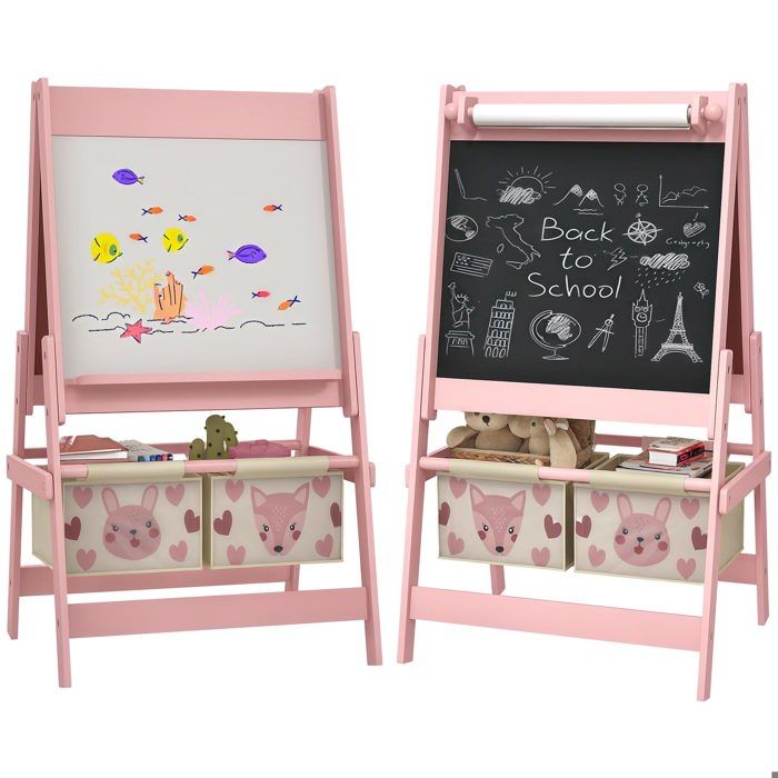 Tableau chevalet enfant - AIYAPLAY - double face - tableau blanc - tableau à craie rouleau papier - 2 paniers - rose