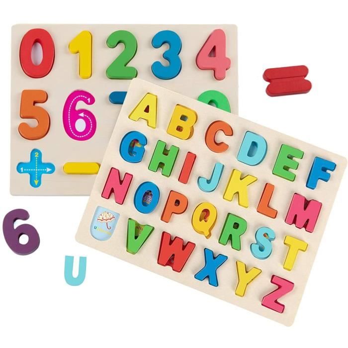 Puzzle en Bois - Alphabet et Chiffres - Jouet Éducatif - 42 Pièces - Pour Enfants à Partir de 3 Ans