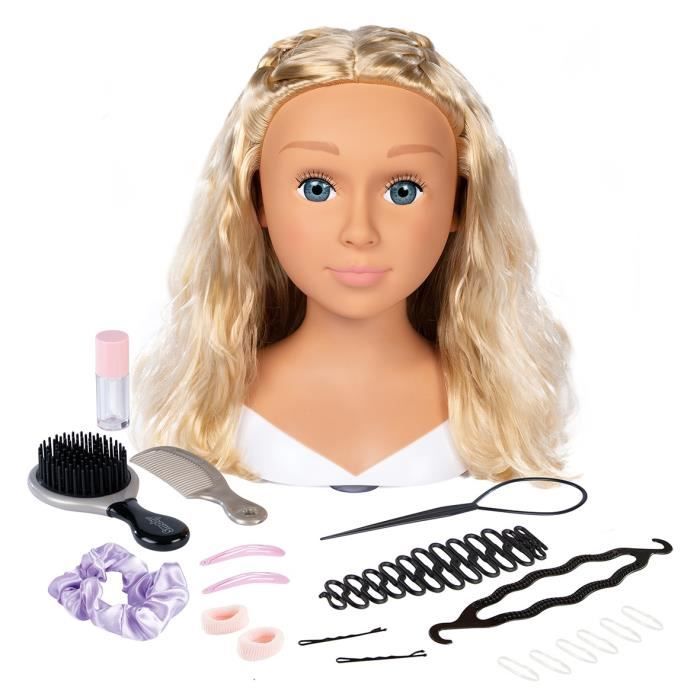 Smoby - Tête à coiffer blonde - Facile à coiffer - 19 accessoires réalistes - Lèvres thermosensibles - Trappe de rangement