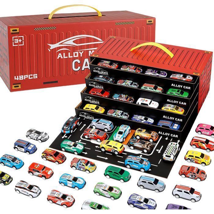 Lot de 48 Voitures Miniature Friction - Vhicules de Course en Alliage avec Garage et Piste - En mtal - pour Enfants de 3 PZCC