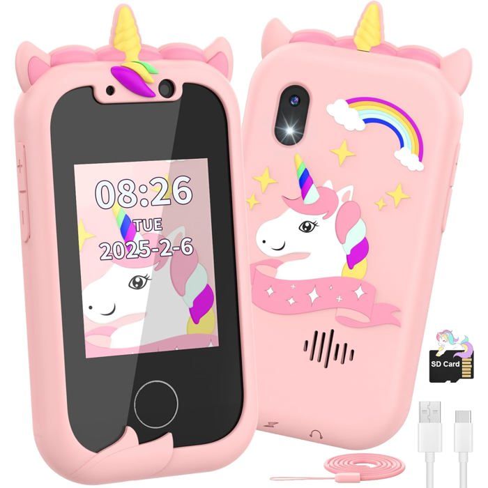 Telephone Portable pour Enfants Smartphone Enfant Jouets Fille 3-10 Ans Téléphone Licornes 24 Pouces Cadeaux danniversaire Noël