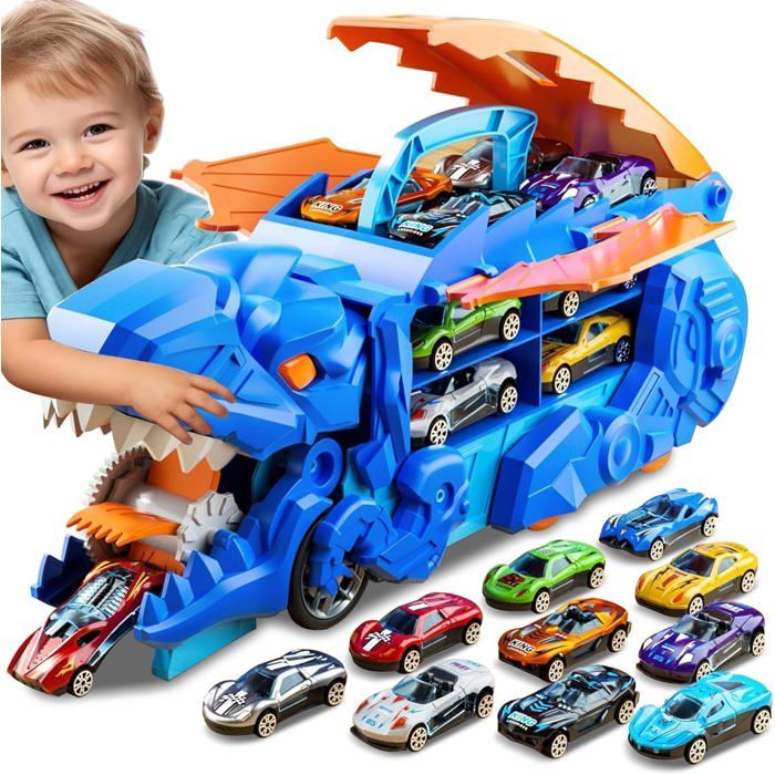 Camion Transport Voitures Dinosaure Éducatif Jouet 2 En 1 Avec Lancement Stockage et 8 Voitures Alliage Cadeau Garçon 3 4 5 Ans