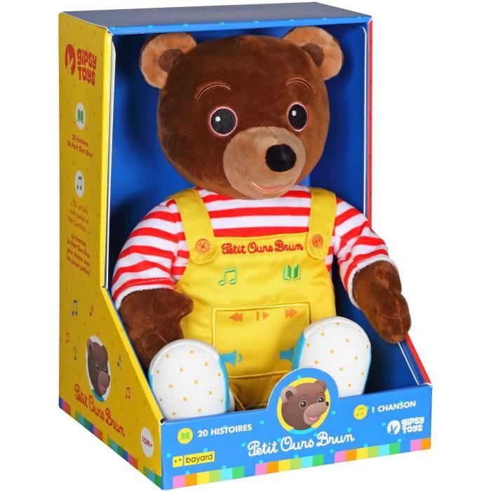 Gipsy Toys - Petit Ours Brun – Peluche Musicale Qui Parle Conteur dHistoires - 28 cm – Marron Jaune Rouge