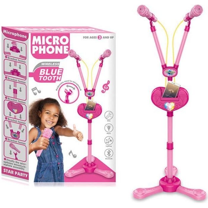 Micro Enfant sur Pied Karaoké Enfants  karaoké microphone bluetooth Avec effet déclairage musical avec deux microphones rose 2