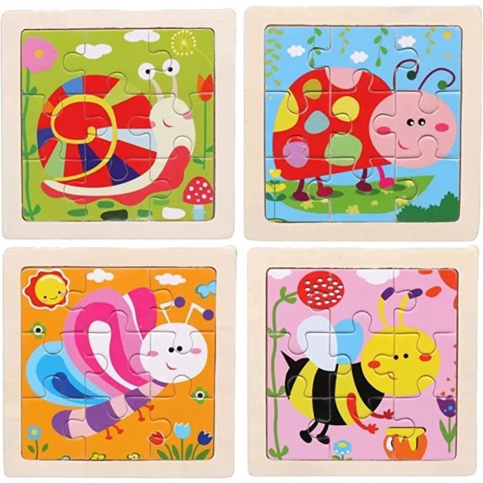 Puzzle en Bois - Éducatif - Animaux - 4 PCS - 9 pièces par puzzle - Pour enfants à partir de 3 ans