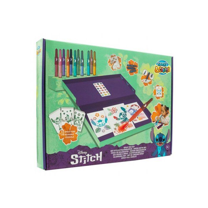 Atelier Stylos pulverisateurs Stitch - 12 Feutres a souffler + 16 pochoirs - Spray Pens blo aerographe - Set Kit creatif et Carte