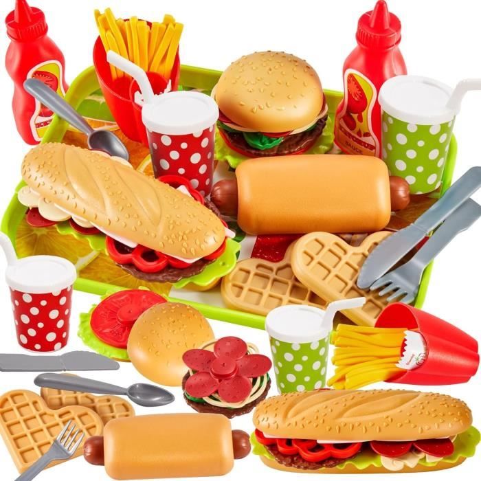 Jouet Aliment Cuisine - Dinette Enfant Hamburger - Aliments Colorés - Plateau Inclus - Pour 3-5 Ans