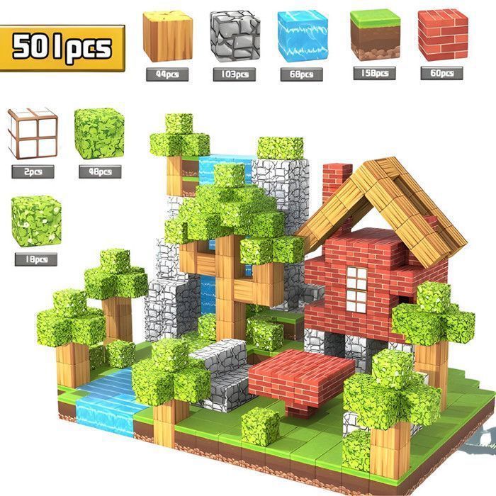 Blocs de Construction Magnétiques 501 Pièces – Inspiré Minecraft - Jeu Créatif Educatif pour Enfants - Jouets Aimantés +10 Figurines