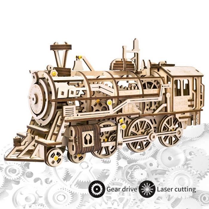 Bricolage de Construction Jeu de Puzzle Bois 3D Découpe Locomotive Train Mécanique Gear Maquette Modèle de Construction Jouet