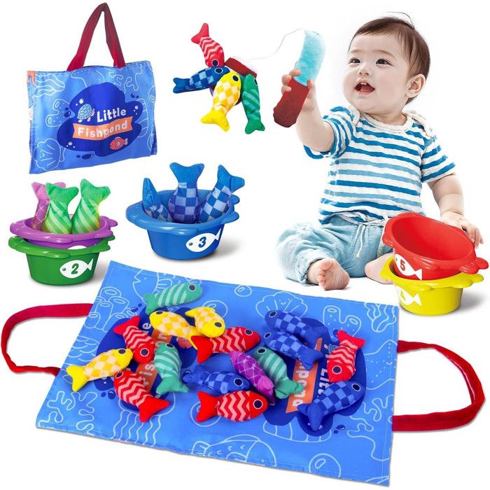 Jeu de pêche Montessori - avec Tapis Océan - Des bébés qui jouent - Cadeau pour les enfants de 1 à 3 ans- 22pcs