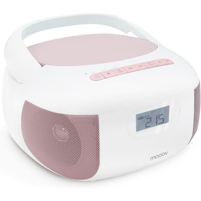 Lecteur CD Radio FM Portable Bluetooth - Poste Boombox Stéréo MP3 Entrée USB AUX-in Micro-SD Prise Casque Ecran LCD - Rose