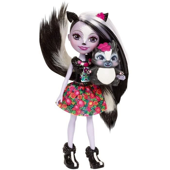 Enchantimals Mini-poupée Sage Moufette et Figurine Animale Caper aux cheveux noir et blanc avec jupe à motifs en tissu jouet en