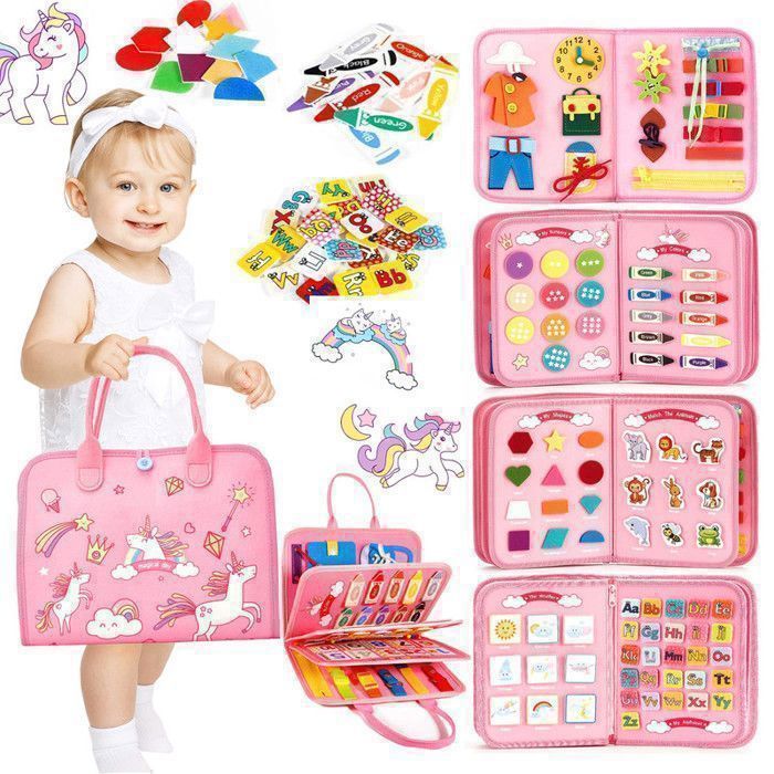 Jouet Montessori pour 3 4 5 6 ans Busy Board Montessori Licorne 5 Couches Planche pour Fille pour Enfant Jeu Educatif A Étiquette