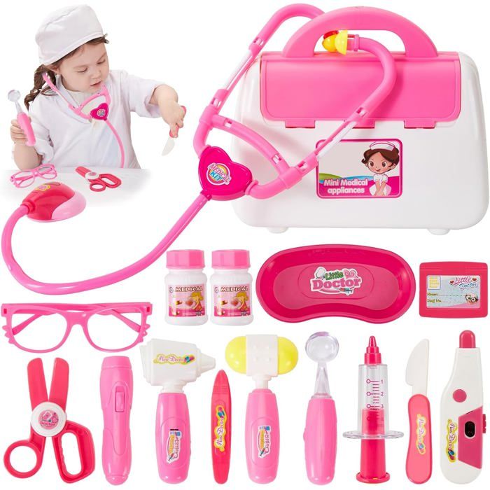 Malette Docteur Enfant Rose Jouet Medecin Outils avec StéthoscopeJeu dimitation Cadeau pour Fille et Garcon 3 4 5 Ans
