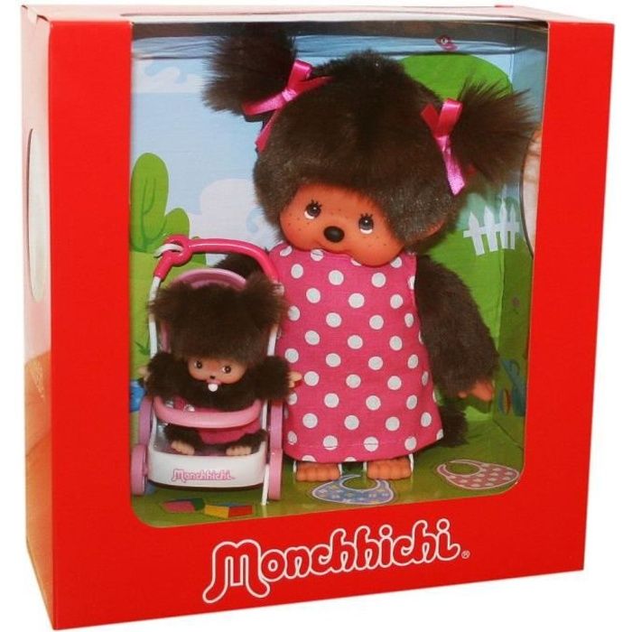 Maman avec Bébé et Poussette  20 cm  Poupée Monchhichi  Kiki Ensemble