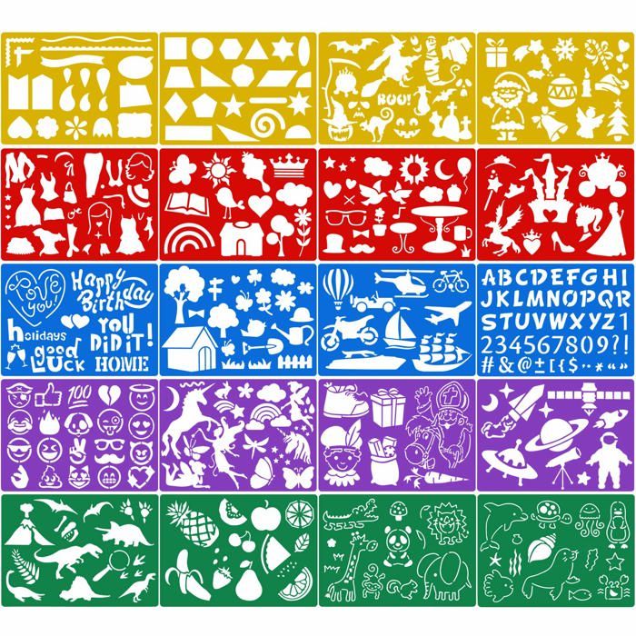 20 pièces Modèles de Dessin en Couleur pour Enfants Plastique Pochoir de Peinture pour Enfants Anniversaire Halloween Noël