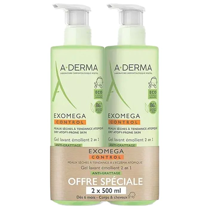 A-Derma Exomega Control Gel Lavant Émollient 2En1 Corps et Cheveux Flacons Pompe 2 x 500 ml