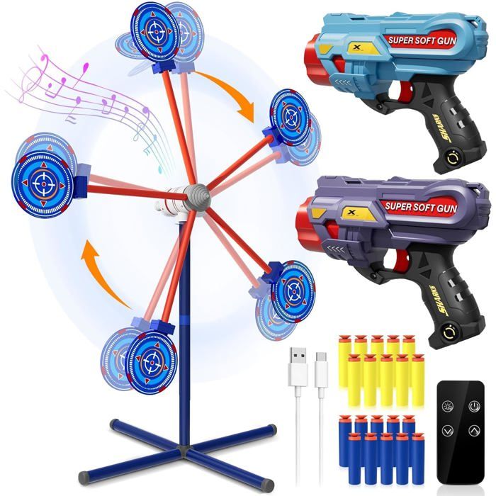 Cible de Tir Rotative Jeux pour Enfants Comprend 2 Pistolets Jouets 20 Mousse Fléchettes Jouets de Jardin DExtérieur Cadeaux