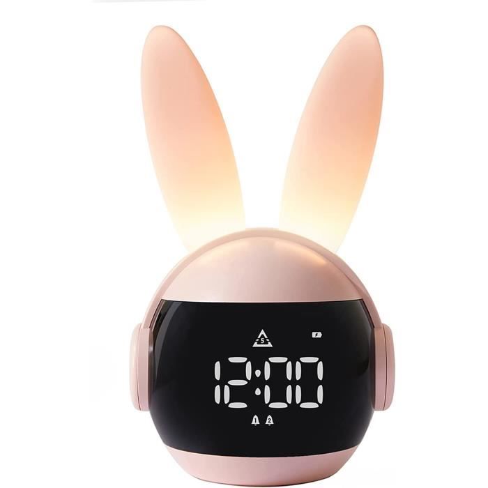 Réveil pour Enfants Réveils Lapin Rose pour Filles Réveil Enfant avec Sonneries et Veilleuse Rechargeable Snoozing Cadeau Créat