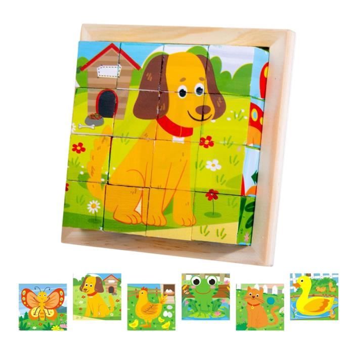 Puzzle en bois - Éducatif - Cube dimage 6 en 1 - Animaux - Pour enfants 1-4 ans - Robuste et sûr