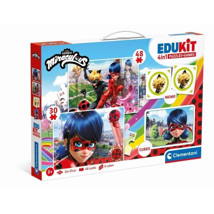 Coffret dactivités préscolaires 4 en 1 Miraculous - Clementoni - 2 puzzles 6 cubes et un mémo