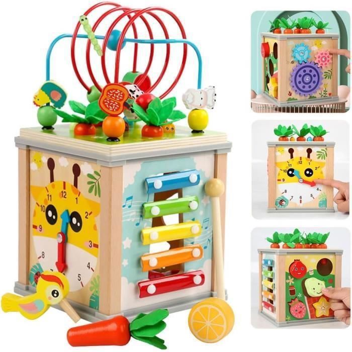 Jouet cube dactivité en boisJouet enfant 2 ans Cube dactivité en bois 7 en 1 pour tout-petits de 1 à 4 ans jouet Montessori