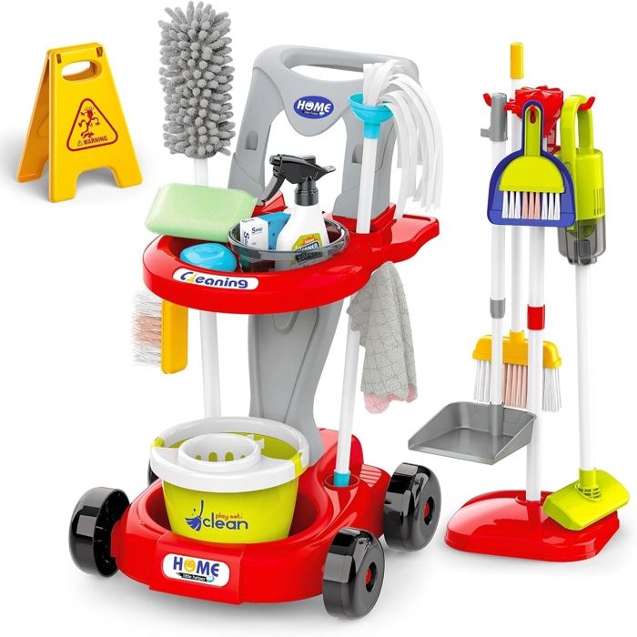 Kit de Nettoyage pour Enfants Chariot pour Enfants avec Serpillière Aspirateur Plumeau Brosses Chiffons Jouets de Nettoyage