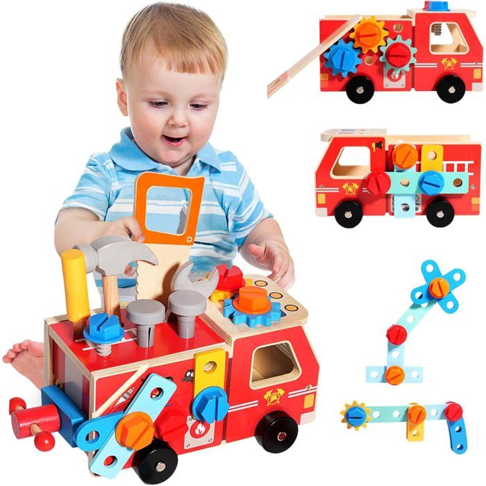 Malette Outils Enfant en Bois Camion de Pompier Montessori avec Jouet Bois Caisse a Outil - Jeux de Construction Voiture de 3 Ans