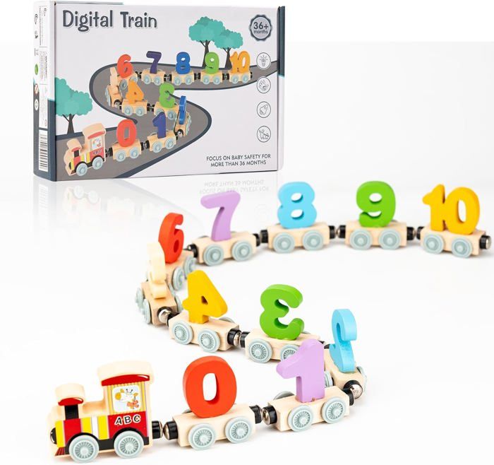 Jouet de motricité - Train en bois - Couleurs vives - 12 pièces - Pour enfants de 1 à 3 ans - Sécurisé