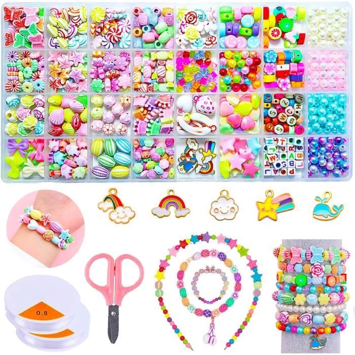 Kit de fabrication de bracelets - 32 sortes de perles - Multicolore - Cordon élastique cristal - Ciseaux sécurité