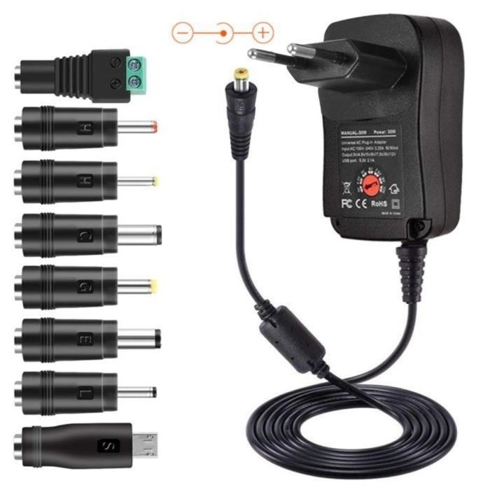 Chargeur Universel 30W Multi-Tension 3V–12V – Adaptateur Secteur AC/DC 8DC – Convertisseur avec Fiche EU pour Appareils