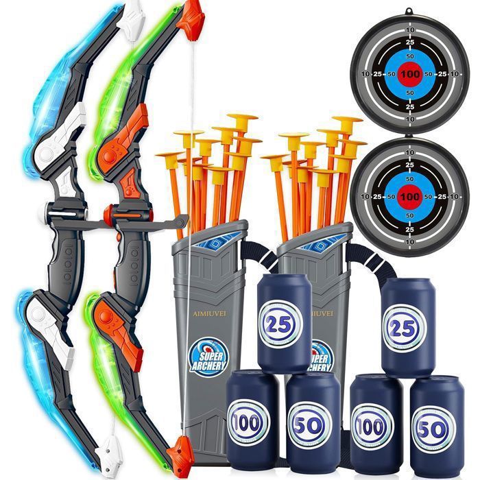 Jeu de flèches et darc - AIMIUVEI - 2 arcs - 20 flèches à ventouse - 2 cibles - 6 bouteilles en plastique