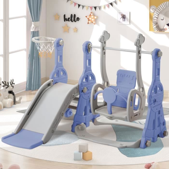 Aire de jeux multifonctionnelle 4 en 1 - Childrens Paradise - Bleu - Toboggan balançoire panier de basket