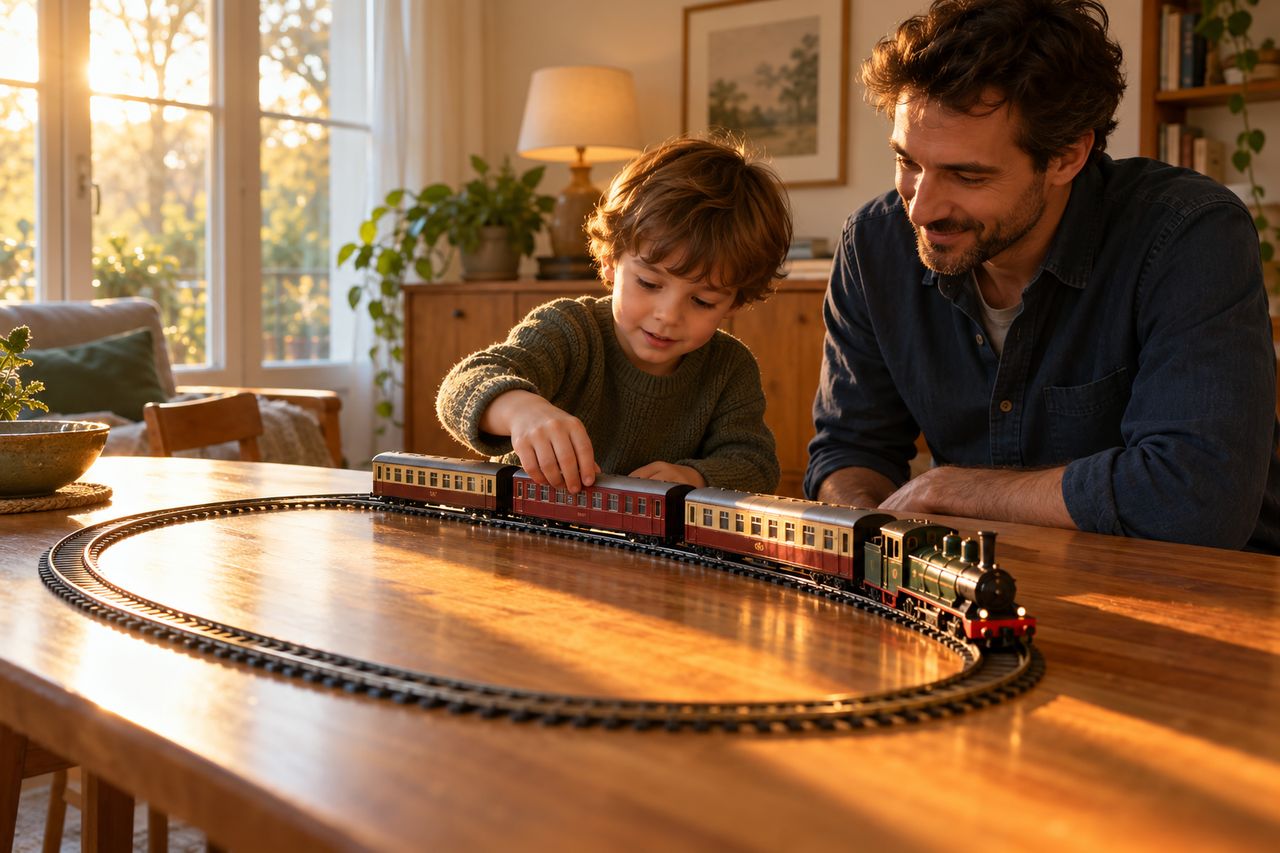 Un enfant et un adulte regardent un petit train électrique sur un circuit ovale complet à la maison.