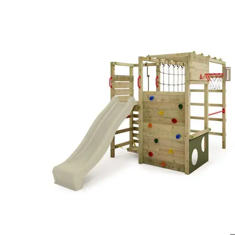Aire de jeux bois FATMOOSE ActionArena Air XXL vert sauge avec toboggan et mur d’escalade panier basket – 10 ans de garantie*