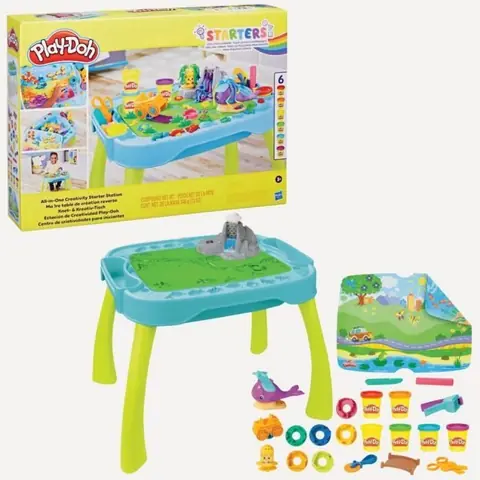 Table de création Play-Doh réversible pour enfants avec 15 accessoires et 6 pots de pâte à modeler Play-Doh Starters
