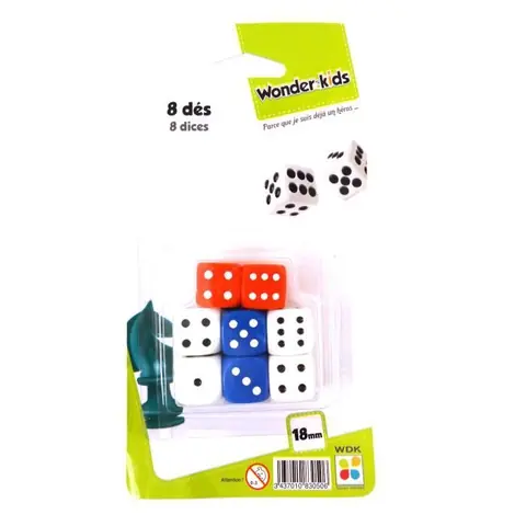 Jeu de dés - WONDERKIDS - 8 dés blancs rouges et bleus - Enfant - Mixte - 2 joueurs ou plus