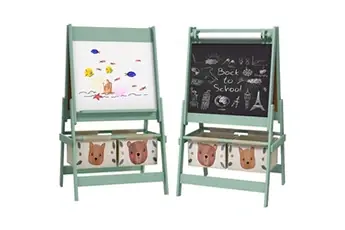 Tableau chevalet enfant - tableau blanc, tableau à craie, rouleau papier 3 en 1 - paniers rangement intégrés - MDF pin vert